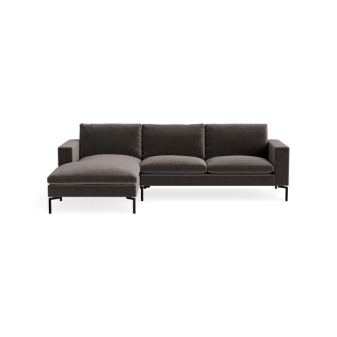 New Standard Sofa with Chaise by Blu Dot in Storm Velvet with Black legs, left-facing, upholstery detail