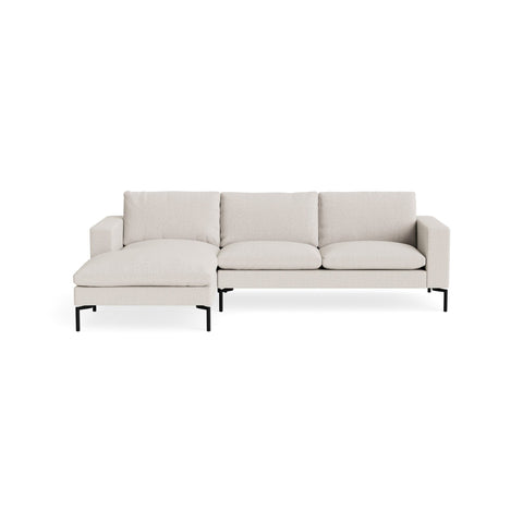 New Standard Sofa with Chaise by Blu Dot in Vos Bone with Black legs, left-facing, upholstery detail