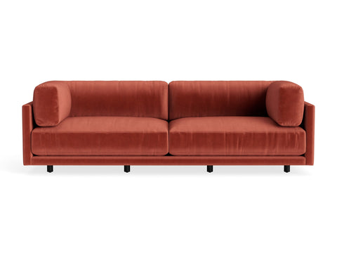 Sunday 102" Sofa by Blu Dot, three-seat with bolster cushions, in Tomato Velvet