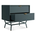 Blu Dot Dang 2 Drawer Nightstand in navy green painted oak veneer with matching powder-coated steel legs and antique brass pulls, shown with bottom soft-close drawer open