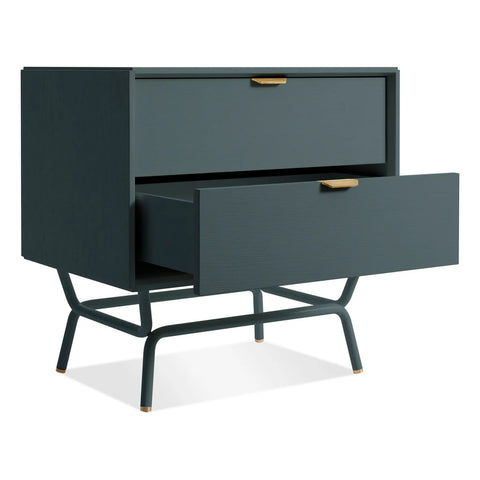 Blu Dot Dang 2 Drawer Nightstand in navy green painted oak veneer with matching powder-coated steel legs and antique brass pulls, shown with bottom soft-close drawer open