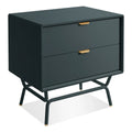 Blu Dot Dang 2 Drawer Nightstand in navy green painted oak veneer with matching powder-coated steel legs and antique brass drawer pulls, shown at an angle
