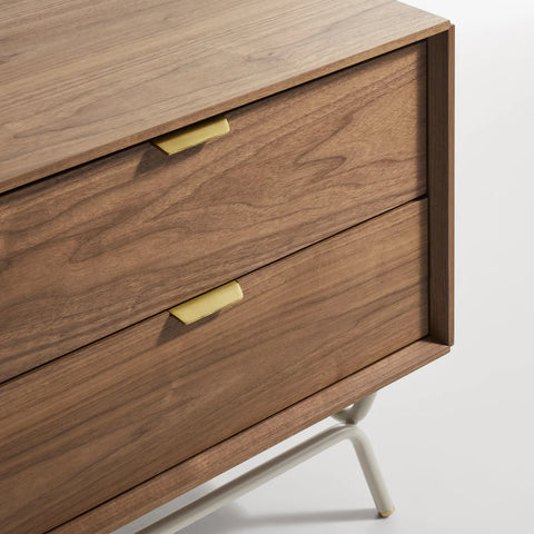 Blu Dot Dang 2 Drawer Nightstand close-up detail of walnut veneer case with putty powder-coated legs and antique brass drawer pulls that patina over time