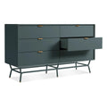 Blu Dot Dang 6 Drawer Dresser in marine blue painted oak veneer with matching powder-coated steel legs and antique brass pulls, shown at an angle with one drawer open