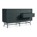 Blu Dot Dang 6 Drawer Dresser in navy green painted oak veneer with matching powder-coated steel legs and antique brass pulls, shown at an angle with one drawer open