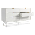 Blu Dot Dang 6 Drawer Dresser in white painted oak veneer with white powder-coated steel legs and antique brass pulls, shown at an angle with one drawer open