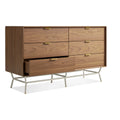 Blu Dot Dang 6 Drawer Dresser in walnut veneer with putty powder-coated steel legs and antique brass pulls, shown at an angle with one drawer open