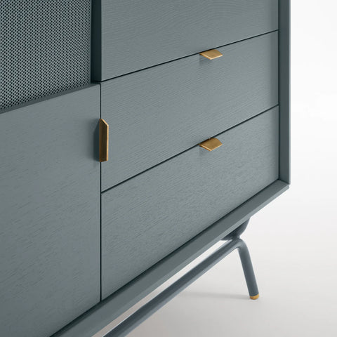 Blu Dot Dang 1 Door / 3 Drawer Console close-up detail in marine blue painted oak veneer with matching perforated steel door, antique brass door and drawer pulls, and powder-coated steel legs