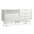 Blu Dot Dang 1 Door / 3 Drawer Console in white painted oak veneer with matching perforated steel door front, antique brass pulls, and white powder-coated steel legs