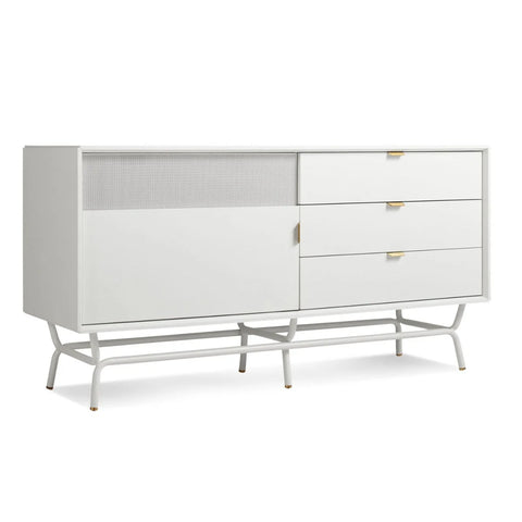 Blu Dot Dang 1 Door / 3 Drawer Console in white painted oak veneer with matching perforated steel door front, antique brass pulls, and white powder-coated steel legs