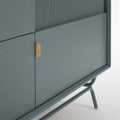 Blu Dot Dang 2 Door / 2 Drawer Console close-up detail in marine blue painted oak veneer with matching perforated steel door fronts, antique brass pulls, and powder-coated steel legs