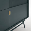 Blu Dot Dang 2 Door / 2 Drawer Console close-up detail in navy green painted oak veneer with matching perforated steel door fronts, antique brass pulls, and powder-coated steel legs