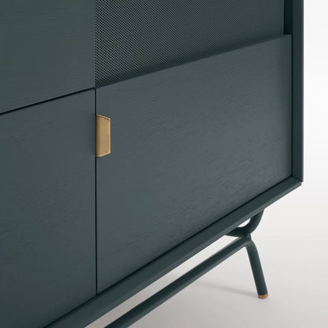 Blu Dot Dang 2 Door / 2 Drawer Console close-up detail in navy green painted oak veneer with matching perforated steel door fronts, antique brass pulls, and powder-coated steel legs