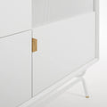 Blu Dot Dang 2 Door / 2 Drawer Console close-up detail in white painted oak veneer with matching perforated steel door fronts, antique brass pulls, and white powder-coated steel legs