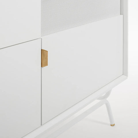 Blu Dot Dang 2 Door / 2 Drawer Console close-up detail in white painted oak veneer with matching perforated steel door fronts, antique brass pulls, and white powder-coated steel legs