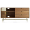 Blu Dot Dang 1 Door / 3 Drawer Console in walnut veneer with grey perforated steel door shown open to reveal adjustable interior shelves, antique brass pulls, and putty powder-coated steel legs