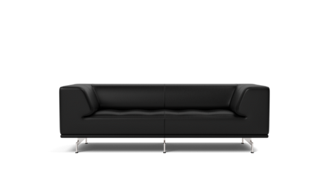 Front view of Delphi Sofa 2-seater in black leather upholstery with chrome base – contemporary Danish furniture