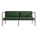 Blu Dot Dog Days Outdoor 2 Seat Sofa in Sunbrella Ivy green cushions with charcoal powder-coated aluminum frame and all-weather rattan