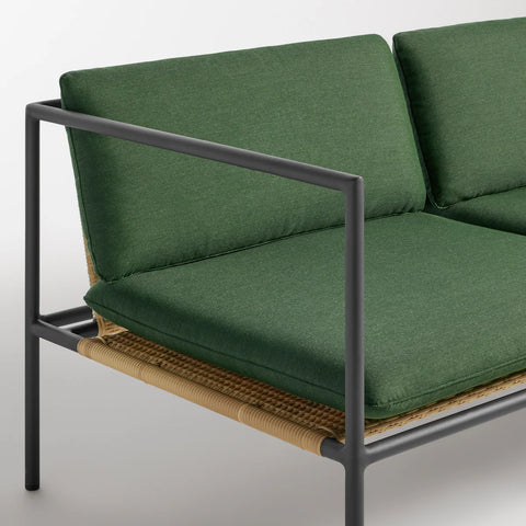 Dog Days Outdoor 3 Seat Sofa by Blu Dot in Sunbrella Ivy / Charcoal, arm and rattan seat support detail