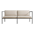 Blu Dot Dog Days Outdoor 2 Seat Sofa in Sunbrella Linen cushions with white powder-coated aluminum frame and all-weather rattan