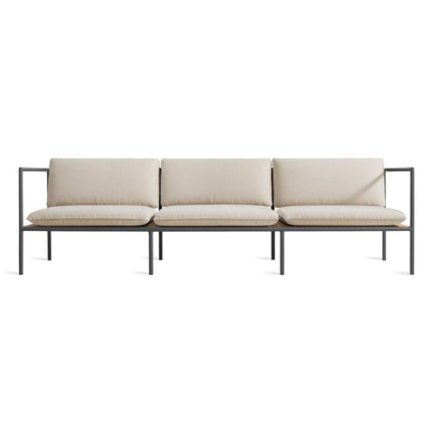 Dog Days Outdoor 3 Seat Sofa by Blu Dot, aluminum frame and all-weather rattan in Sunbrella Linen / White, front view