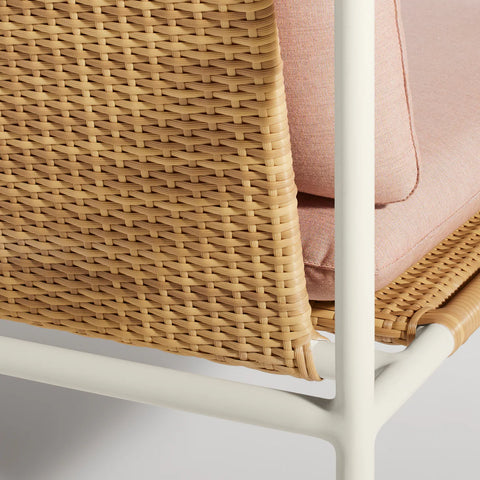 Dog Days Outdoor 3 Seat Sofa by Blu Dot in Sunbrella Blush / White, handwoven all-weather rattan back panel detail
