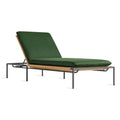 Blu Dot Dog Days Outdoor Sun Lounger in Sunbrella Ivy green cushion with charcoal powder-coated aluminum frame and all-weather rattan