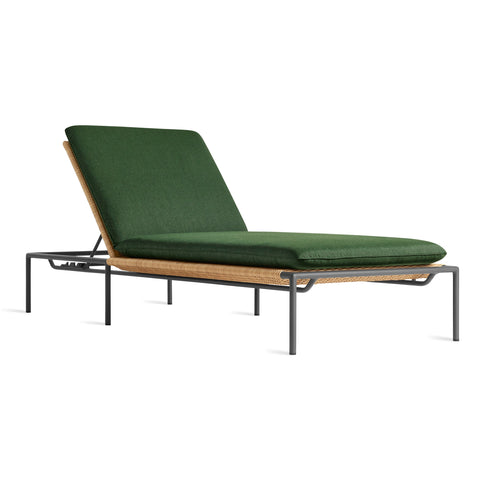 Blu Dot Dog Days Outdoor Sun Lounger in Sunbrella Ivy green cushion with charcoal powder-coated aluminum frame and all-weather rattan