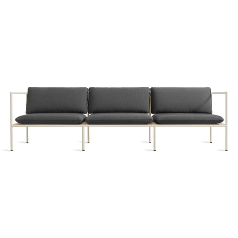 Dog Days Outdoor 3 Seat Sofa by Blu Dot, aluminum frame and all-weather rattan in Sunbrella Ivy / Charcoal, front view