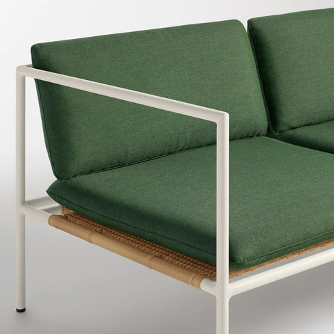 Dog Days Outdoor 3 Seat Sofa by Blu Dot in Sunbrella Ivy / White, arm and rattan seat support detail