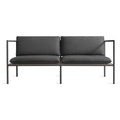 Blu Dot Dog Days Outdoor 2 Seat Sofa in Sunbrella Coal black cushions with charcoal powder-coated aluminum frame and all-weather rattan