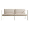 Blu Dot Dog Days Outdoor 2 Seat Sofa in Sunbrella Linen cushions with white powder-coated aluminum frame and all-weather rattan