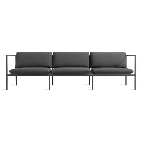 Dog Days Outdoor 3 Seat Sofa by Blu Dot, aluminum frame and all-weather rattan in Sunbrella Coal / Charcoal, front view
