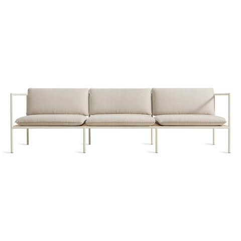 Dog Days Outdoor 3 Seat Sofa by Blu Dot, aluminum frame and all-weather rattan in Sunbrella Linen / Charcoal, front view