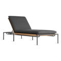 Blu Dot Dog Days Outdoor Sun Lounger in Sunbrella Coal black cushion with charcoal powder-coated aluminum frame and all-weather rattan