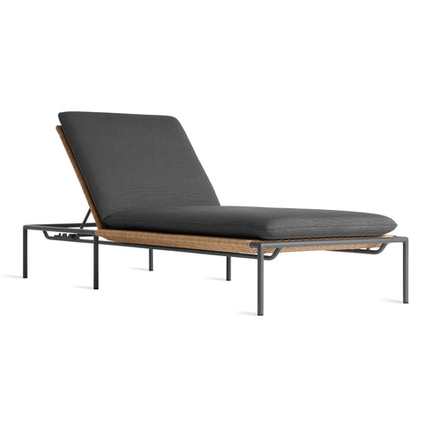 Blu Dot Dog Days Outdoor Sun Lounger in Sunbrella Coal black cushion with charcoal powder-coated aluminum frame and all-weather rattan