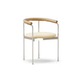 DK3 Baia dining chair in Balmoral White 02 with an oiled oak back and chrome frame, angled view on a white background