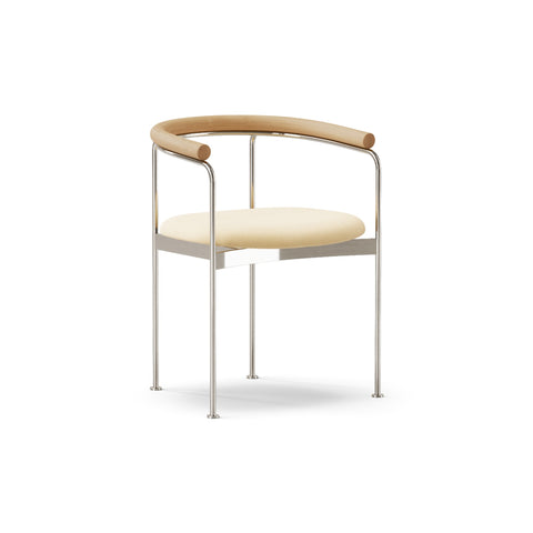 DK3 Baia dining chair in Balmoral White 02 with an oiled oak back and chrome frame, angled view on a white background