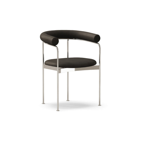 DK3 Baia dining chair fully upholstered in Rio Black 0500 leather with a chrome frame, angled view on a white background