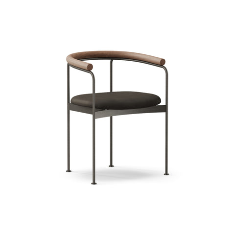 DK3 Baia dining chair in Rio Black 0500 leather with a walnut back and black steel frame, angled view on a white background