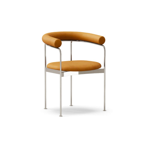 DK3 Baia dining chair fully upholstered in Rio Cognac 2488 leather with a chrome frame, angled view on a white background
