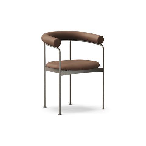 DK3 Baia dining chair fully upholstered in Rio Mocca 2880 leather with a black steel frame, angled view on a white background
