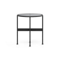 DK3 Baia Coffee and Side Table in Black Steel, round glass side table with a graphite glass top on slim black steel rods, small size on white