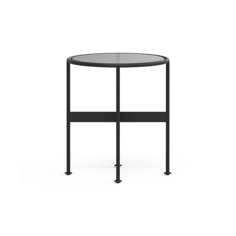 DK3 Baia Coffee and Side Table in Black Steel, round glass side table with a graphite glass top on slim black steel rods, small size on white
