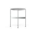 DK3 Baia Coffee and Side Table in Chrome, round glass side table with a graphite glass top on slim chrome rods, small size on white