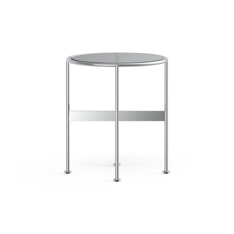 DK3 Baia Coffee and Side Table in Chrome, round glass side table with a graphite glass top on slim chrome rods, small size on white