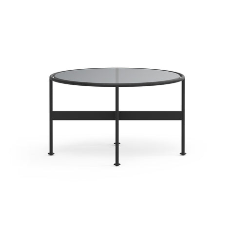 DK3 Baia Coffee and Side Table in Black Steel, round glass coffee table with a graphite glass top on slim black steel rods, medium size on white