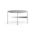 DK3 Baia Coffee and Side Table in Chrome, round glass coffee table with a graphite glass top on slim chrome rods, medium size on white