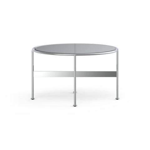 DK3 Baia Coffee and Side Table in Chrome, round glass coffee table with a graphite glass top on slim chrome rods, medium size on white