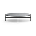 DK3 Baia Coffee and Side Table in Black Steel, low round glass coffee table with a graphite glass top on black steel rods, large size on white